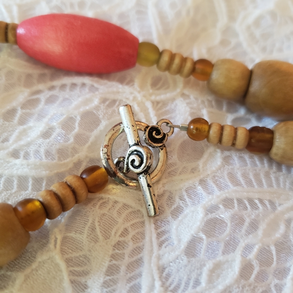 Boho Red and Brown Wooden Necklace - Picture 5 of 6